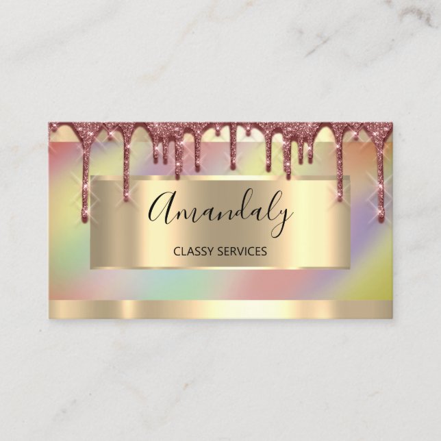 Rose Gold Drips Framed Holograph Business Card (Front)
