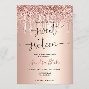 Rose Gold  Drips Girly Modern Drive by Sweet 16 Invitation