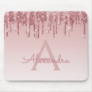 Rose Gold Drips Glitter Monogram Pink Mousepad