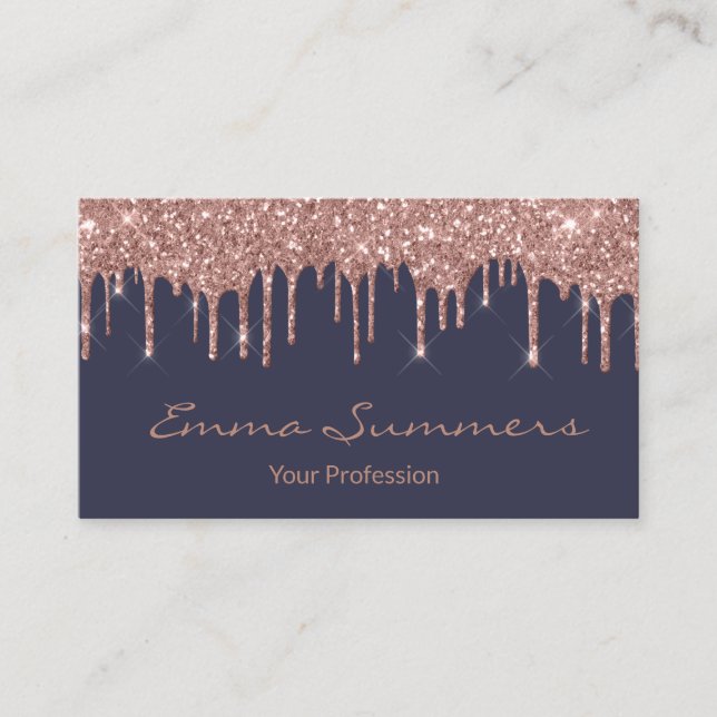 Rose Gold Drips Grey Navy Customise Glitter Business Card (Front)