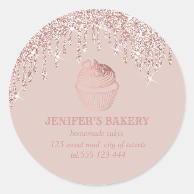 Rose gold drips Homemade cupcakes and sweets Classic Round Sticker (Front)