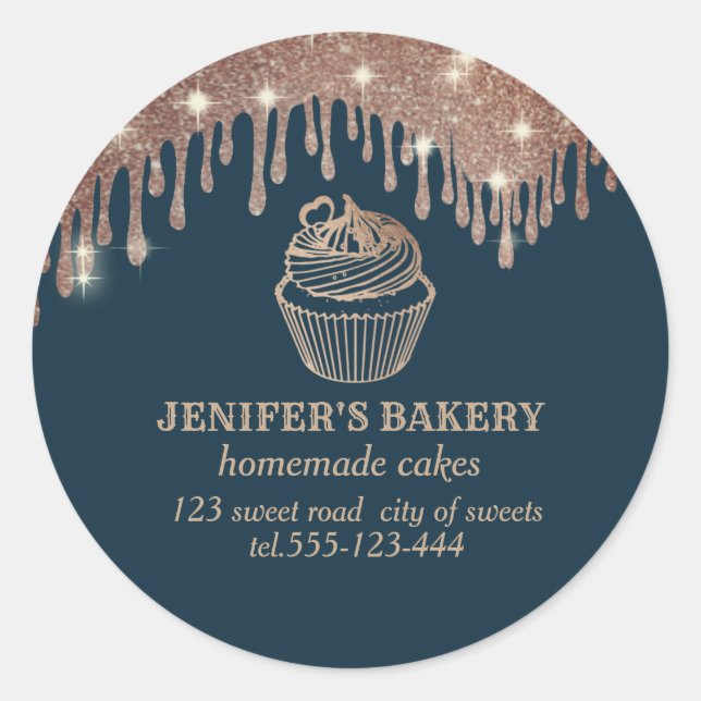 Rose gold drips Homemade cupcakes and sweets Classic Round Sticker (Front)