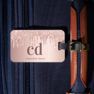 Rose gold drips monogram name luggage tag
