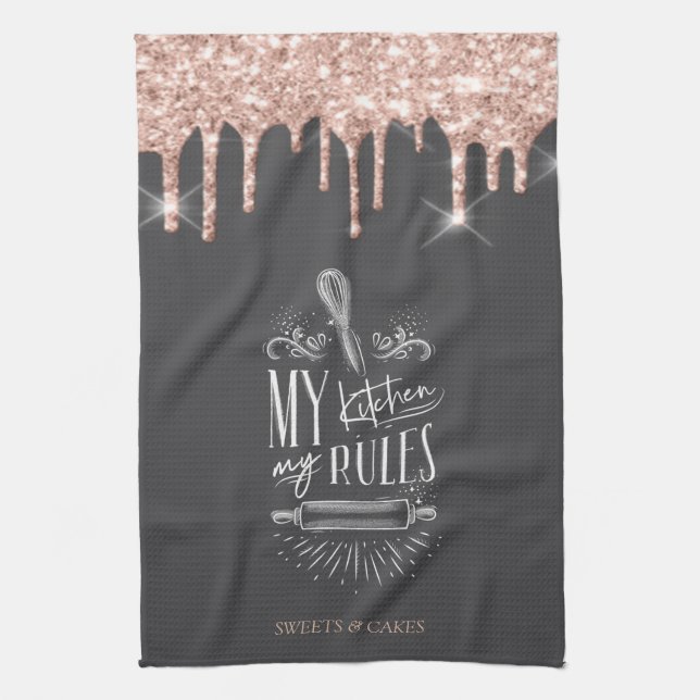  Rose Gold Drips My Kitchen My Rules Tea Towel (Vertical)