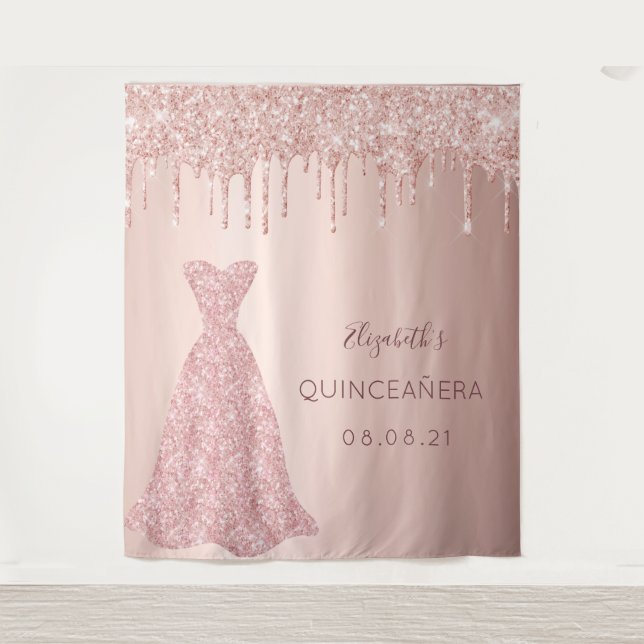 Rose gold drips pink dress Quinceanera Tapestry (Front)