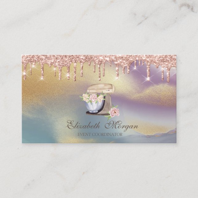 Rose Gold Drips Retro Mixer Flowers Holographic Business Card (Front)