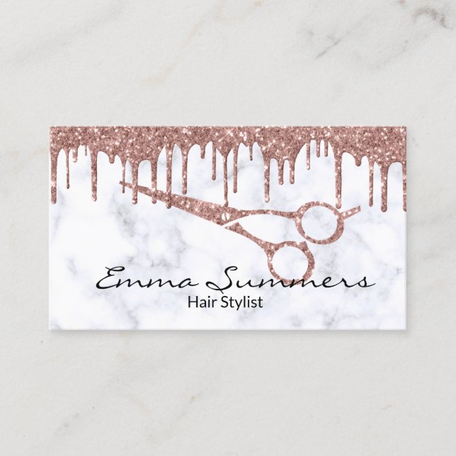 Rose Gold Drips Scissors Hair Stylist Salon Business Card (Front)