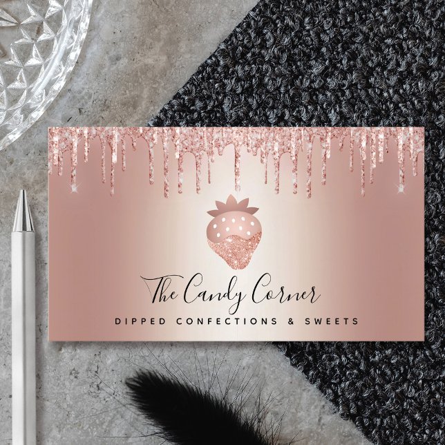 Rose Gold Drips Strawberry Confection Dessert Business Card (Creator Uploaded)