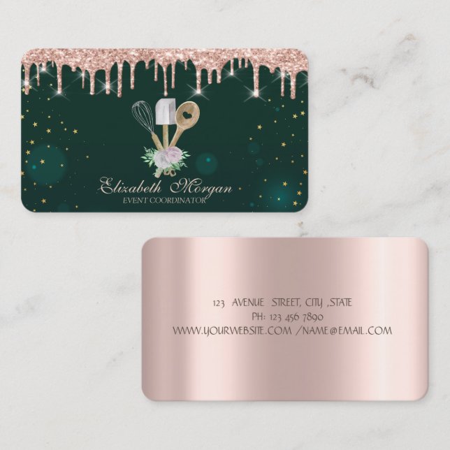 Rose Gold Drips Strawberry Green Business Card (Front/Back)