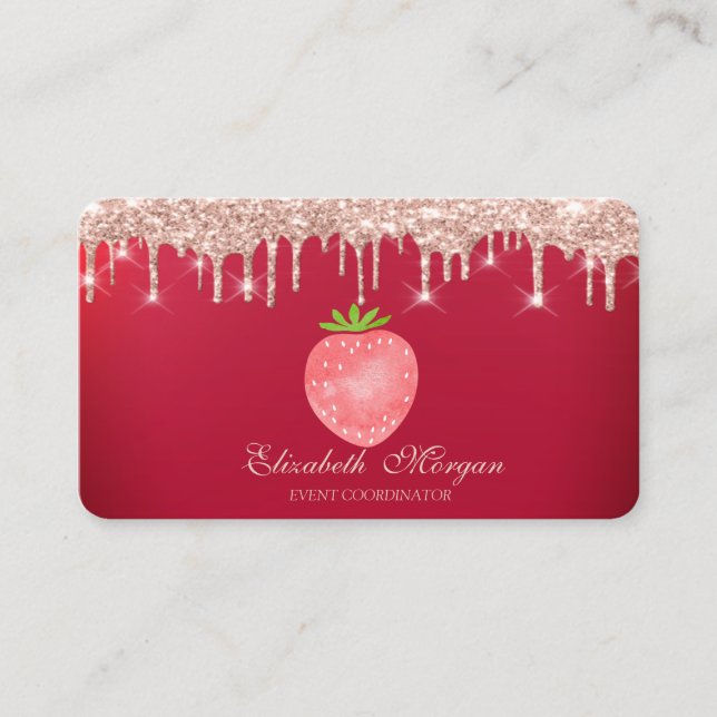 Rose Gold Drips Strawberry Red Business Card (Front)