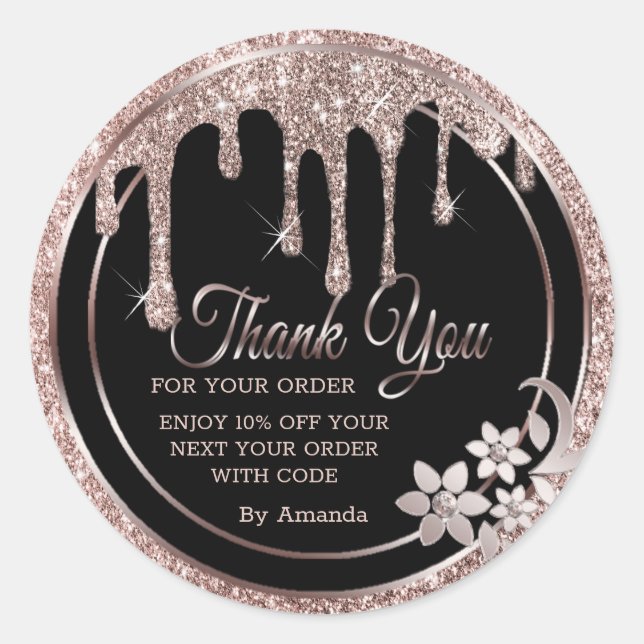 Rose gold drips thank you classic round sticker (Front)