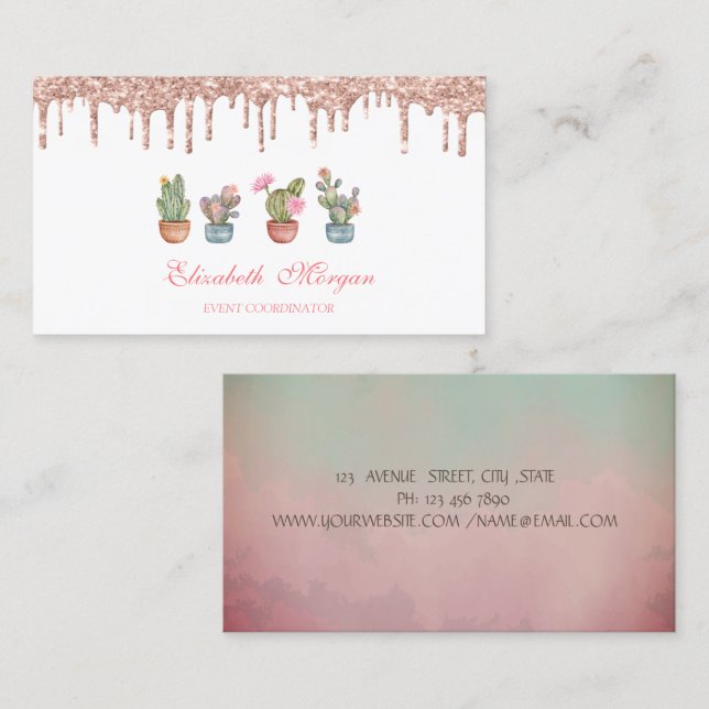 Rose Gold Drips Watercolor Cactus Business Card (Front/Back)