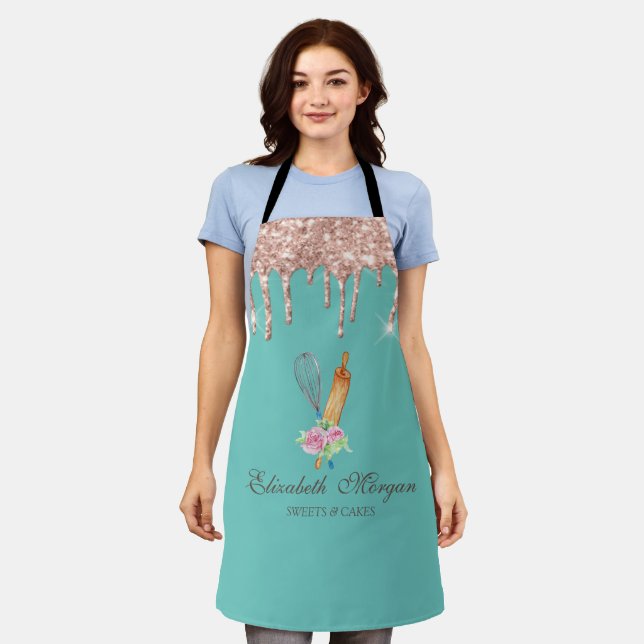 Rose Gold Drips whisk Rolling Pin Mint Green Apron (Worn)