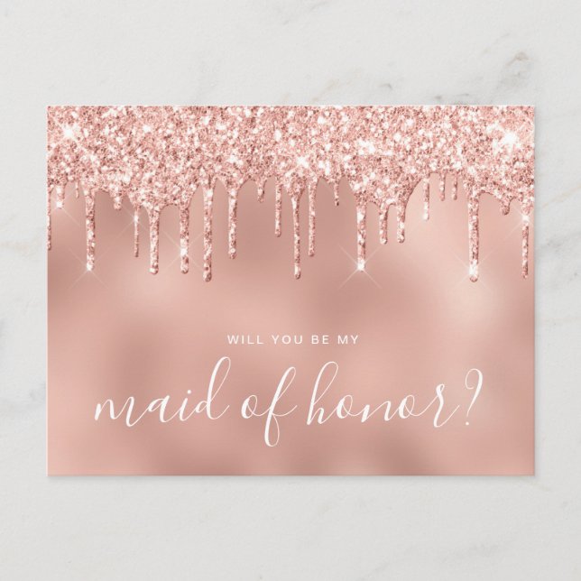 Rose gold drips will you be my maid of honour invitation postcard (Front)