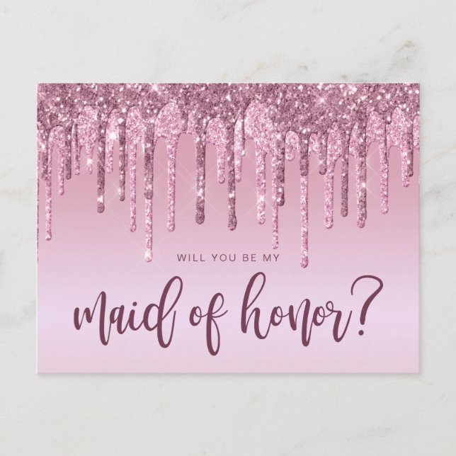 Rose gold drips will you be my maid of honour invitation postcard (Front)