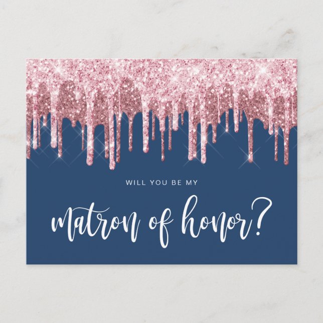 Rose gold drips will you be my matron of honour invitation postcard (Front)