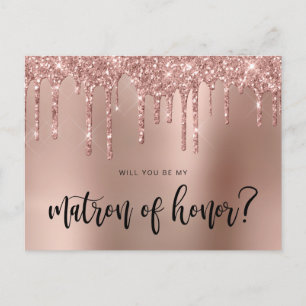 Rose gold drips will you be my matron of honour invitation postcard