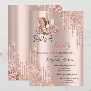 Rose Gold  Drips Wine Boots & Bubbly Bridal  Invitation