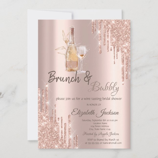 Rose Gold  Drips Wine Glass Brunch & Bubbly  Invitation (Front)