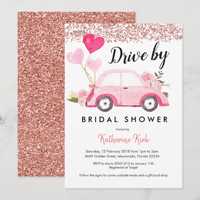 Rose Gold Drive by Bridal Shower Invitation (Front/Back)