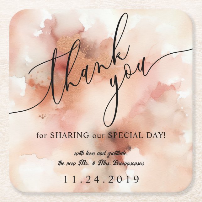 Rose Gold Dust Watercolor Square Paper Coaster (Front)