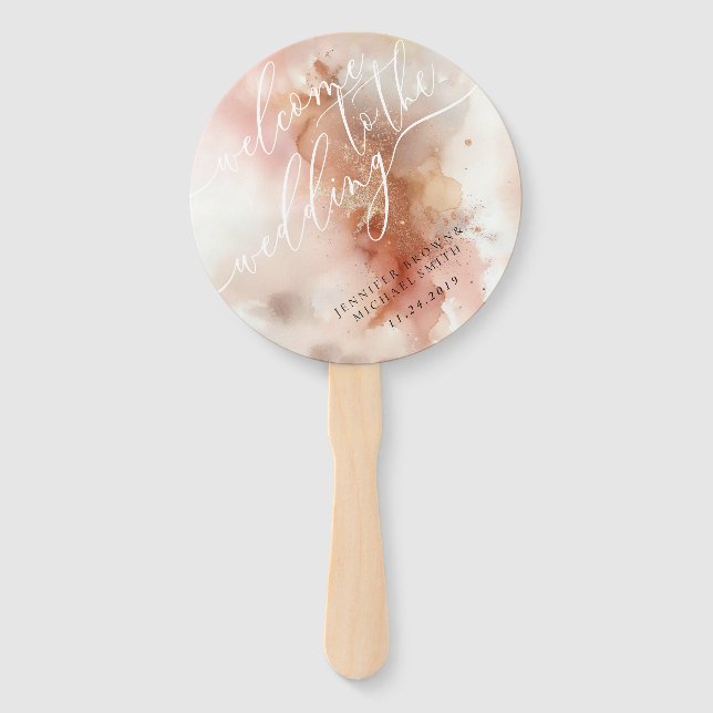 Rose Gold Dust Watercolor Welcome Wedding Day Hand Fan (Front)