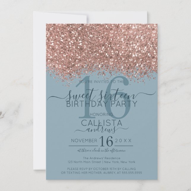 Rose Gold Dusty Blue Glitter Confetti Sweet 16 Invitation (Front)