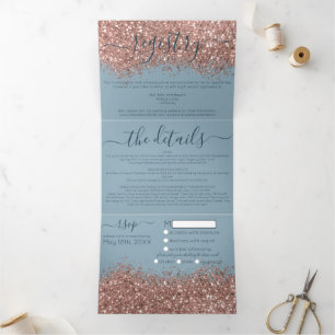 Rose Gold Dusty Blue Glitter Registry Detail RSVP Tri-Fold Invitation