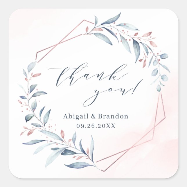 Rose Gold Dusty Blue Greenery Geometric Thank You Square Sticker (Front)