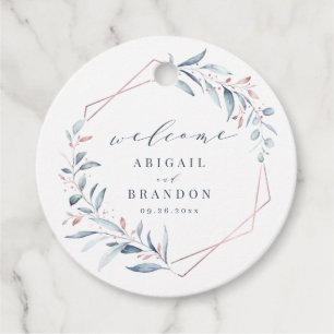 Rose Gold Dusty Blue Greenery Geometric Wedding Favour Tags