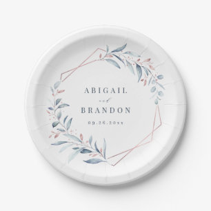 Rose Gold Dusty Blue Greenery Geometric Wedding Paper Plate