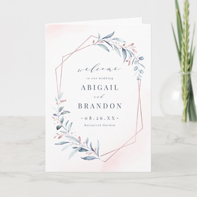 Rose Gold Dusty Blue Greenery Geometric Wedding Programme (Front)