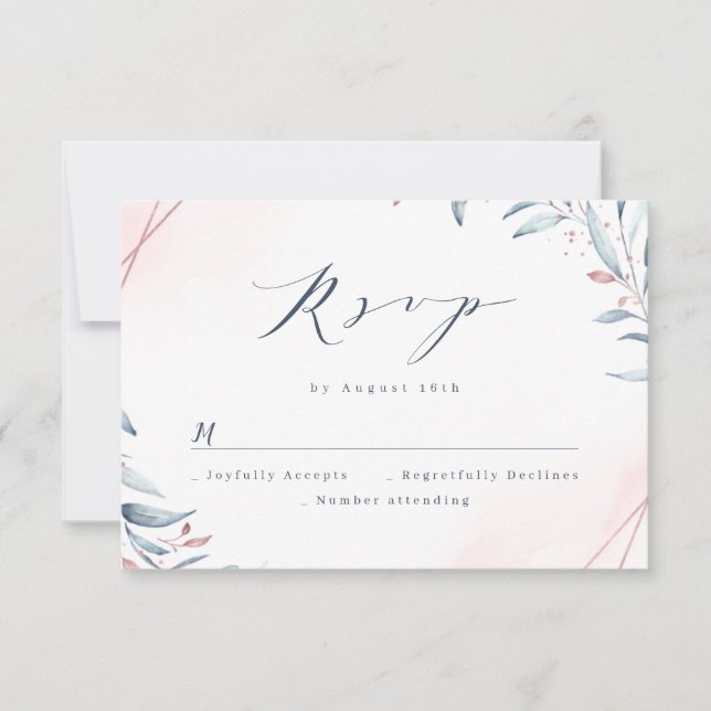 Rose Gold Dusty Blue Greenery Geometric Wedding RSVP Card (Front)