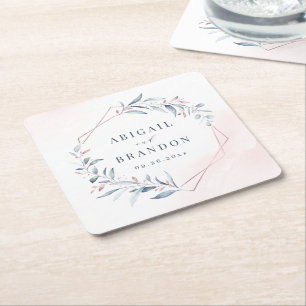 Rose Gold Dusty Blue Greenery Geometric Wedding Square Paper Coaster
