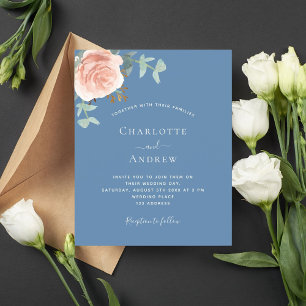 Rose gold dusty blue greenery wedding invitation