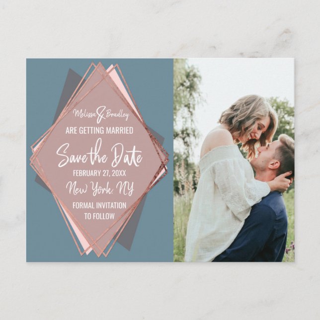 Rose Gold Dusty Blue Mauve Geometric Save the Date Announcement Postcard (Front)
