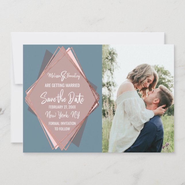 Rose Gold Dusty Blue Mauve Geometric Save the Date Invitation (Front)