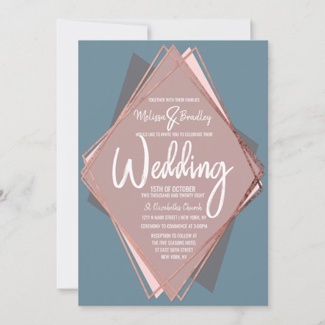 Rose Gold Dusty Blue Mauve Geometric Wedding Invitation (Front)
