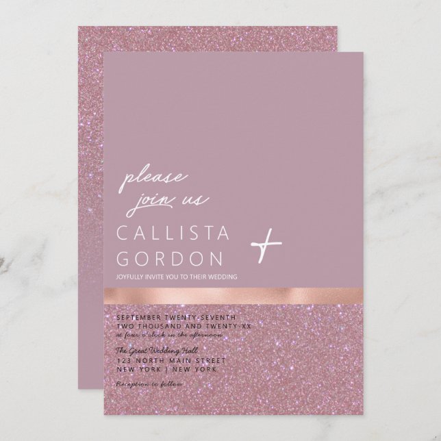 Rose Gold Dusty Mauve Glitter Colour Block Wedding Invitation (Front/Back)