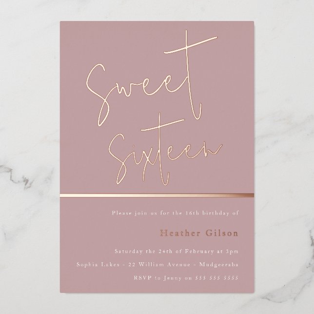 Rose Gold Dusty Mauve Pink Modern Sweet 16 (Front)