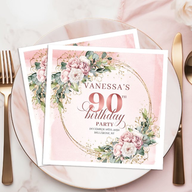 Rose Gold Dusty Pink Boho Floral 90th Birthday  Napkin (Rose Gold Dusty Pink Boho Floral 90th Birthday Napkins)
