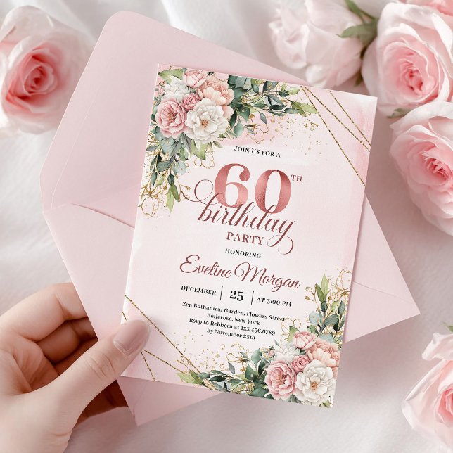 Rose Gold Dusty Pink Floral 60th Birthday Invite (Rose gold floral 60th birthday,
editable custom digital printable,
budget birthday invitation invite)