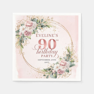 Rose Gold Dusty Pink Floral 90th Birthday Party Napkin