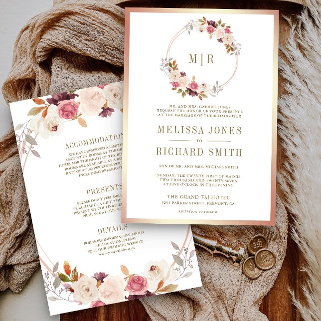 Rose Gold Dusty Pink Floral All in One Wedding Invitation (Creator Uploaded)