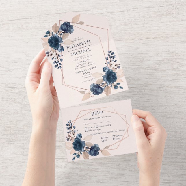 Rose Gold Dusty Pink Navy Blue Geometric Floral All In One Invitation (Tearaway)