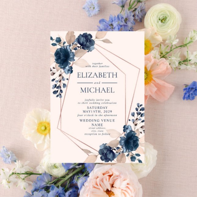 Rose Gold Dusty Pink Navy Blue Geometric Floral Invitation (Creator Uploaded)