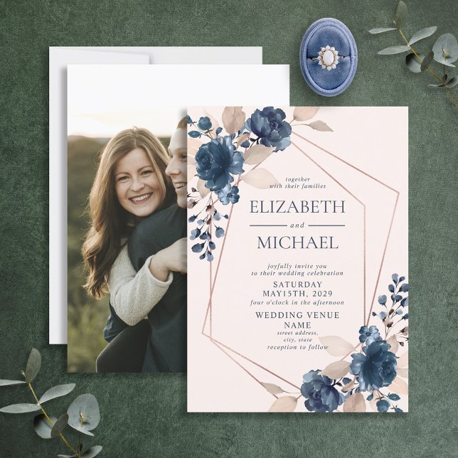 Rose Gold Dusty Pink Navy Floral Geometric Photo Invitation (Creator Uploaded)