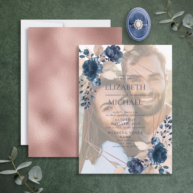 Rose Gold Dusty Pink Navy Floral Geometric Photo Invitation (Creator Uploaded)