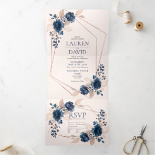 Rose Gold Dusty Pink Navy Floral Geometric Tri-Fold Invitation