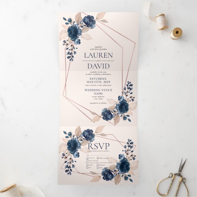 Rose Gold Dusty Pink Navy Floral Geometric Tri-Fold Invitation (Inside)